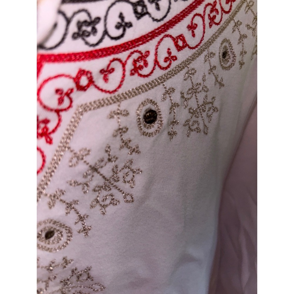 Multiples Womens 2X White Embroidered 3/4 Sleeve Boho Scoop Neck Top Red Gold - Picture 2 of 5